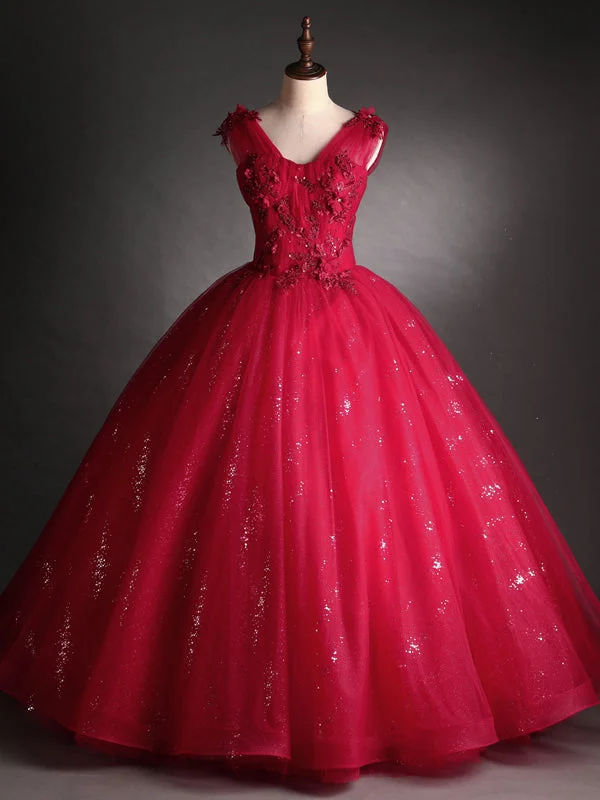 Flutter-Sleeve DressBurgundy Tulle Sequins V-neck Appliques Beading Quinceanera Dress