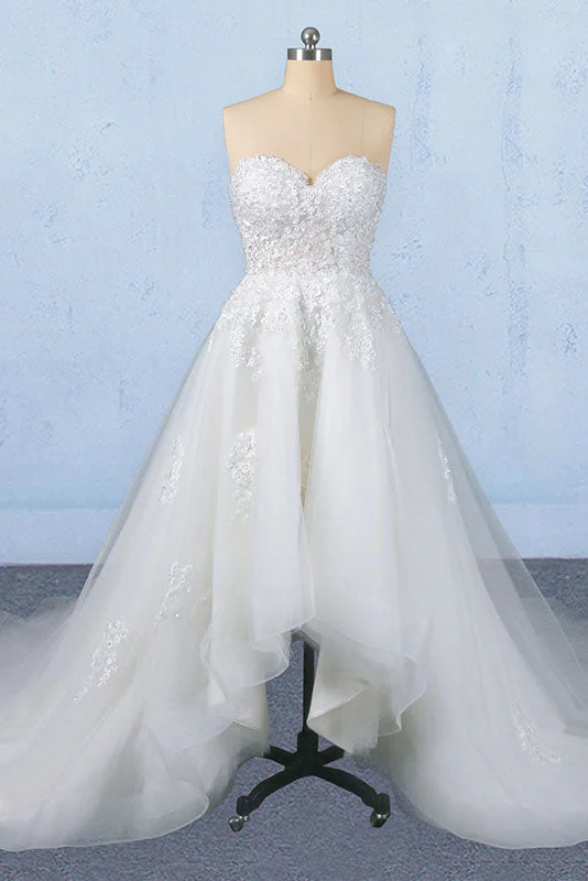 women's stretchy dressesOff White Sweetheart High Low Tulle Appliques Wedding Dresses with Train N2346