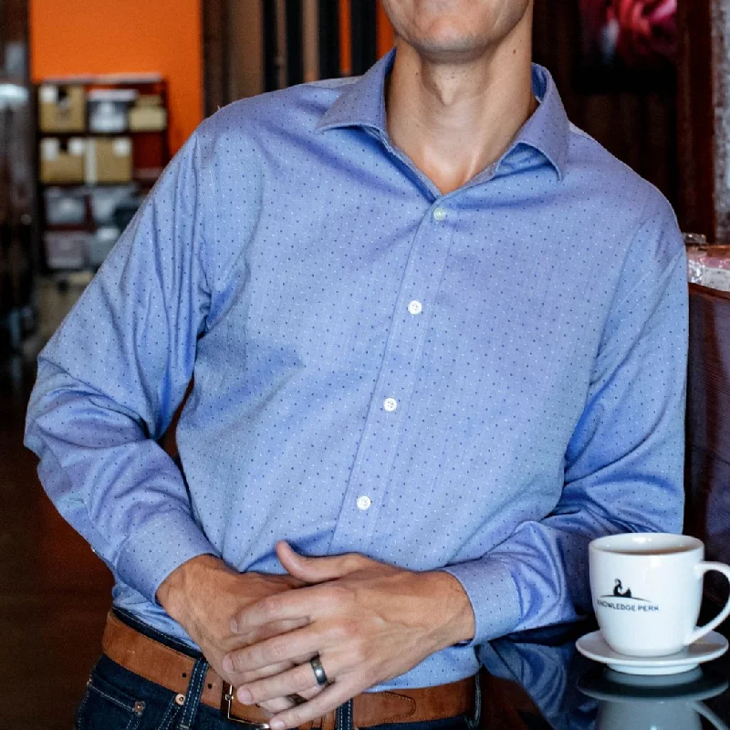 Men's Organic Cotton Shirts for Eco-ConsciousnessBlue Dobby Clip Dot Stretch Cotton Wrinkle-Free Dress Shirt with Spread Collar by Cooper & Stewart Men's Organic Cotton Shirts for Eco-ConsciousnessBlue Dobby Clip Dot Stretch Cotton Wrinkle-Free Dress Shirt with Spread Collar by Cooper & Stewart
