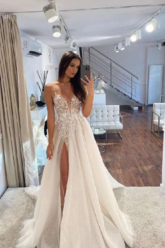 A-Line DressGorgeous A Line V Neck Sparkly Tulle Wedding Dresses with Appliques N134