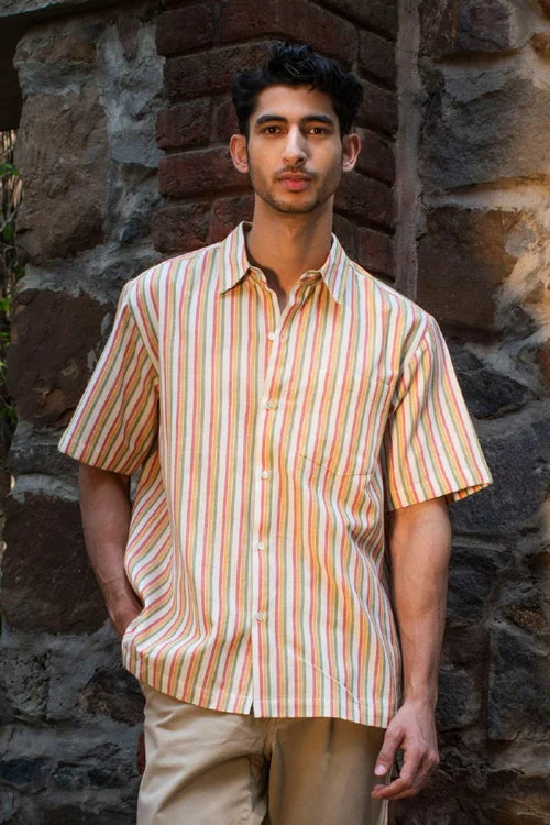 Men's Spread-Collar Shirts for a Bold StatementRangsutra Dhaari Multi Color Striped Handwoven Half Sleeve Pure Cotton Shirt
