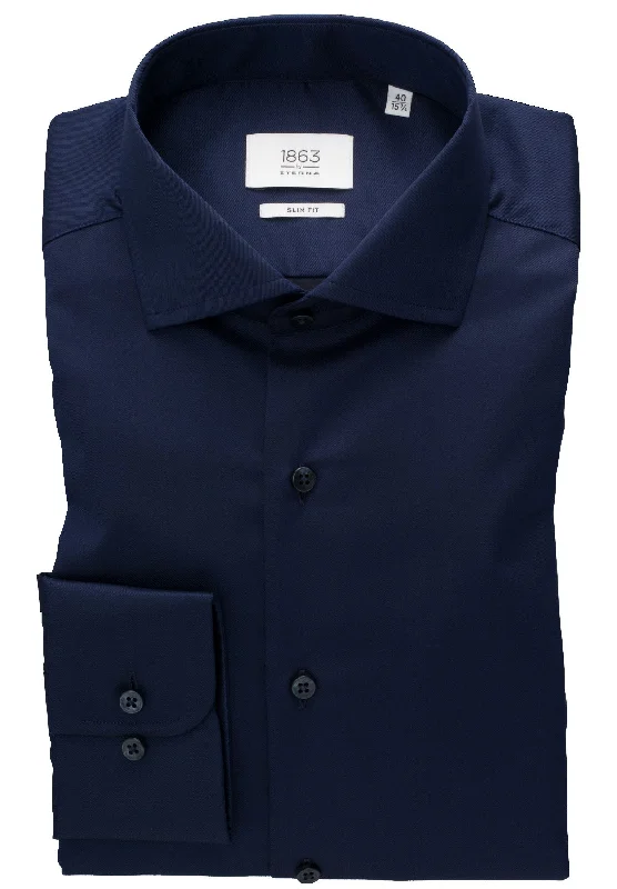 Men's Solid-Colored Shirts for Versatility'Luxury Shirt' In Navy Blue - Slim Fit - Two Ply Cotton Twill Dress Shirt with Cutaway Collar by Eterna 1863 Men's Solid-Colored Shirts for Versatility'Luxury Shirt' In Navy Blue - Slim Fit - Two Ply Cotton Twill Dress Shirt with Cutaway Collar by Eterna 1863
