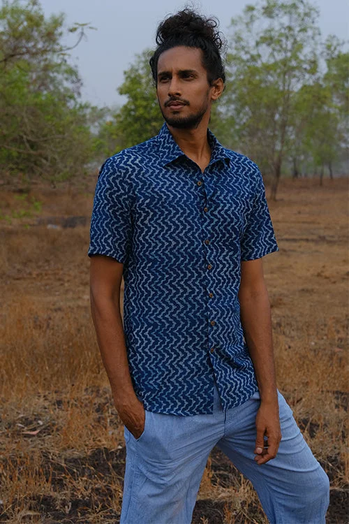 Men's Pocket T-Shirts for Added FunctionalityOkhai 'Ocean Lily' Pure Cotton Hand Block Printed Half Sleeves Shirt