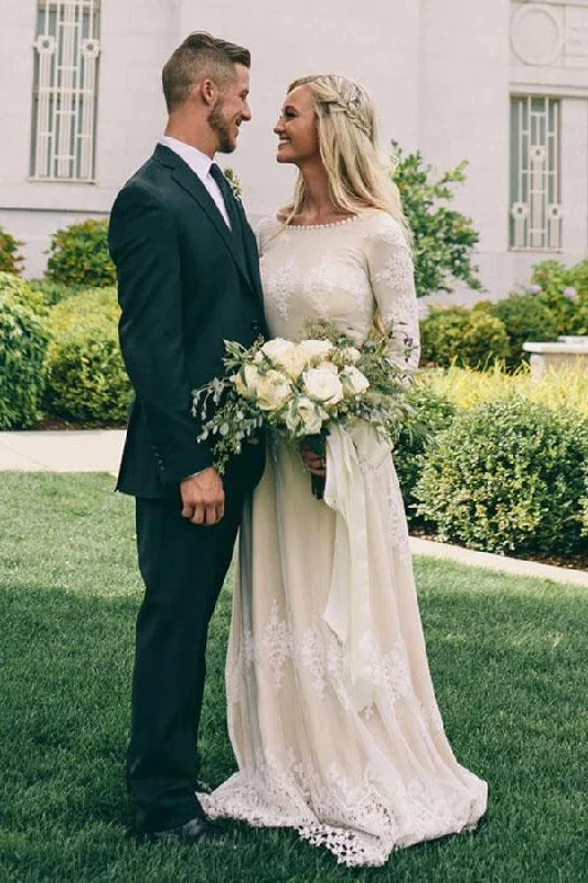Backless DressA Line Bateau Long Sleeves Ivory Tulle Wedding Dresses with Lace Appliques N2417