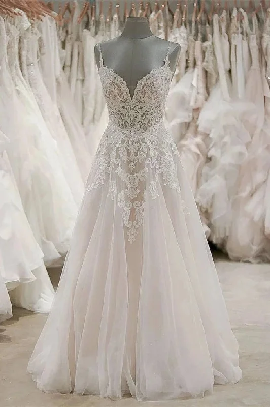 Bell-Sleeve DressA Line Spaghetti Straps V-Neck Beach Wedding Dresses Appliqued Tulle Bridal Dresses N2021