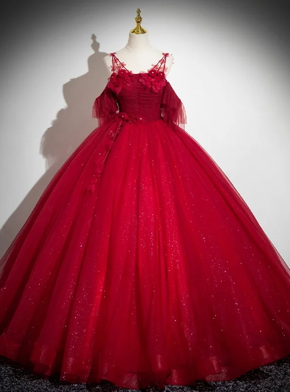 Long-Sleeve DressBurgundy Tulle Sequins Straps Flower Quinceanera Dress