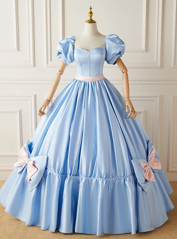 Tea-Length DressBlue Satin Puff Sleeve Quinceanera Dress With Bow