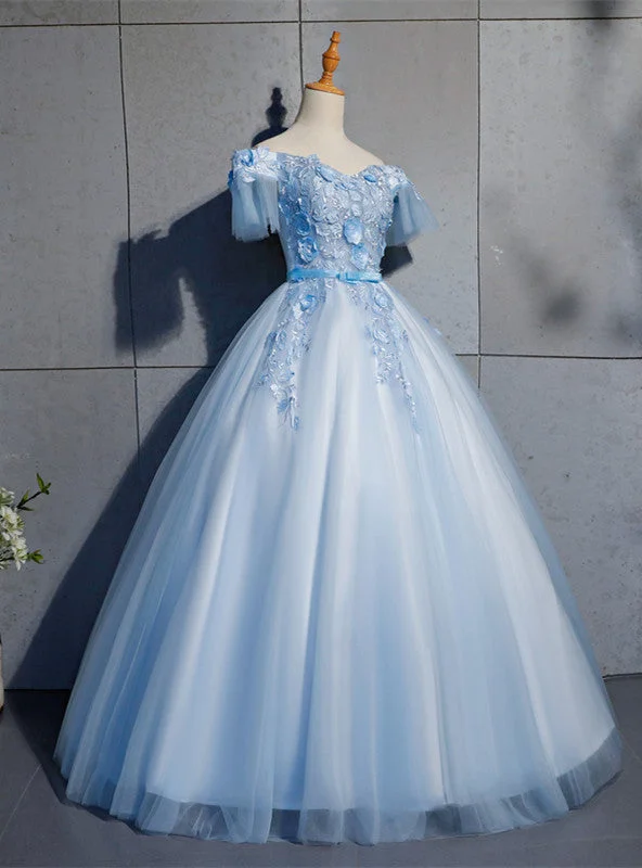 Polka-Dot DressBlue Tulle Appliques Off the Shoulder Quinceanera Dress
