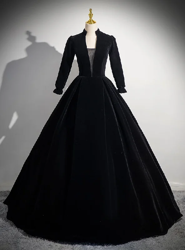women's work dressesBlack Velvet Long Sleeve V-neck Quinceanera Dress
