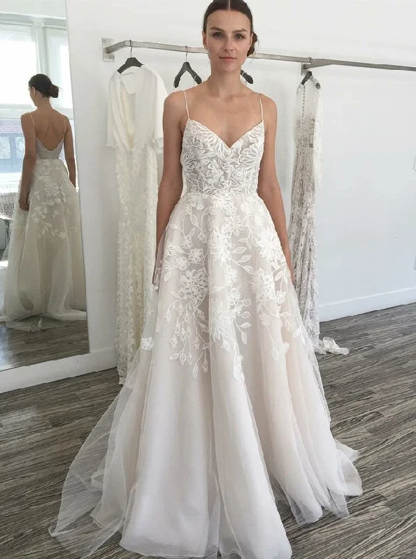 women's one-shoulder dressesA-Line Spaghetti Tulle Backless Wedding Dress with Appliques OW437