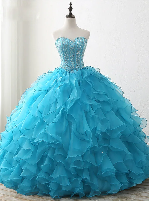 women's bespoke dressesBlue Lace up Back Ball Gown Beading Crystal Birthday Dresses