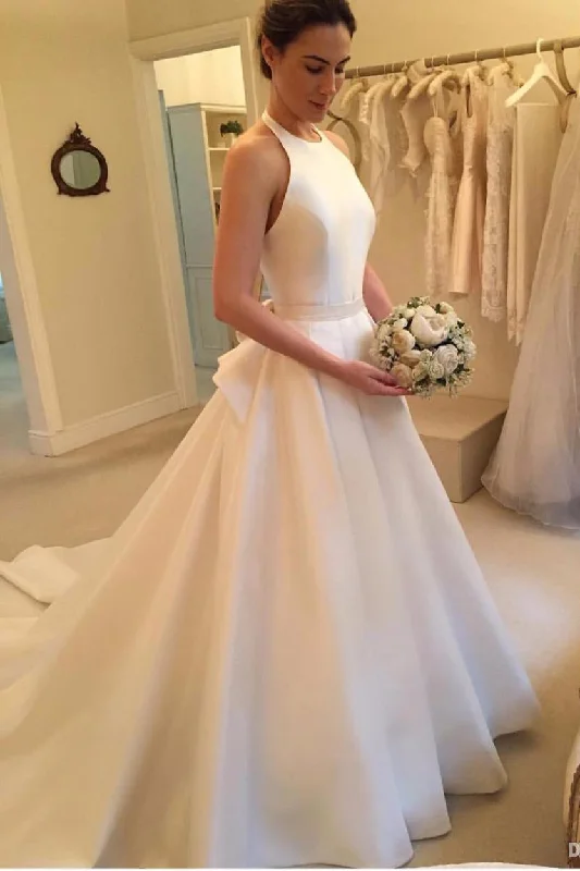 women's hourglass figure dressesA Line Halter Satin Wedding Dresses  Backless Sleeveless Bridal Dresses with Bow N1570