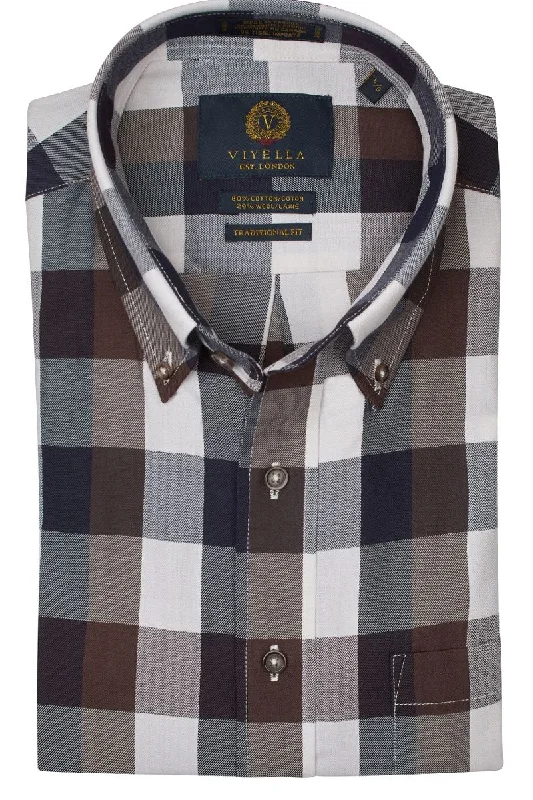 Men's Designer Dress Shirts for High-End FashionCharcoal and Brown Herringbone Plaid Cotton and Wool Blend Button-Down Shirt by Viyella