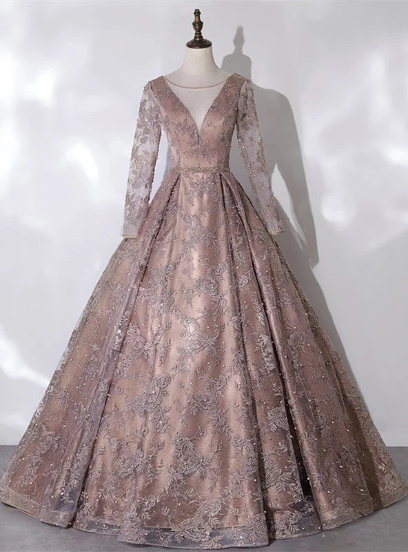 women's fair-trade dressesBrown Tulle Long Sleeve Pearls Embroidery Quinceanera Dress