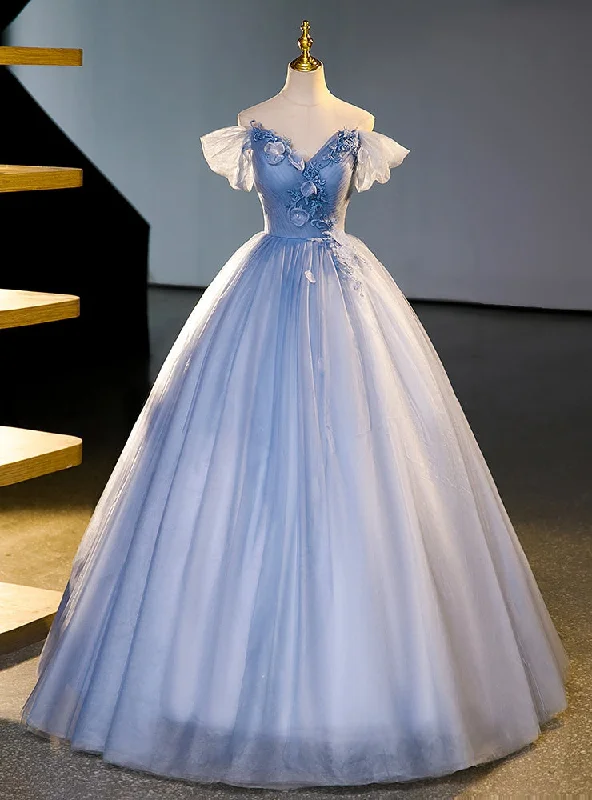 Spaghetti Strap DressBlue Tulle Off the Shoulder Pleats Appliques Quinceanera Dress