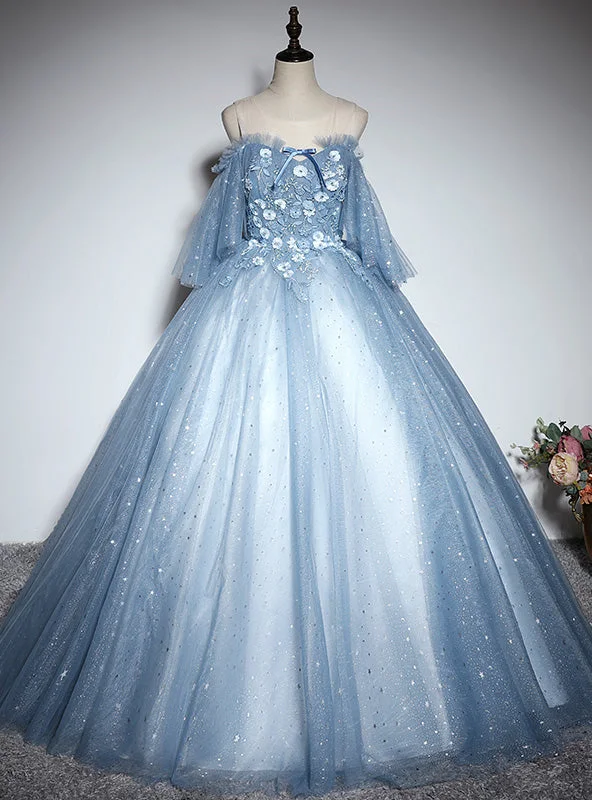 women's short-sleeved dressesBlue Tulle Star Sequins 3D Appliques Quinceanera Dress