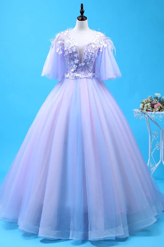 Organza DressBuy The Newest Purple Ball Gown Tulle Backless See Through V-neck Appliques Quinceanera Dress