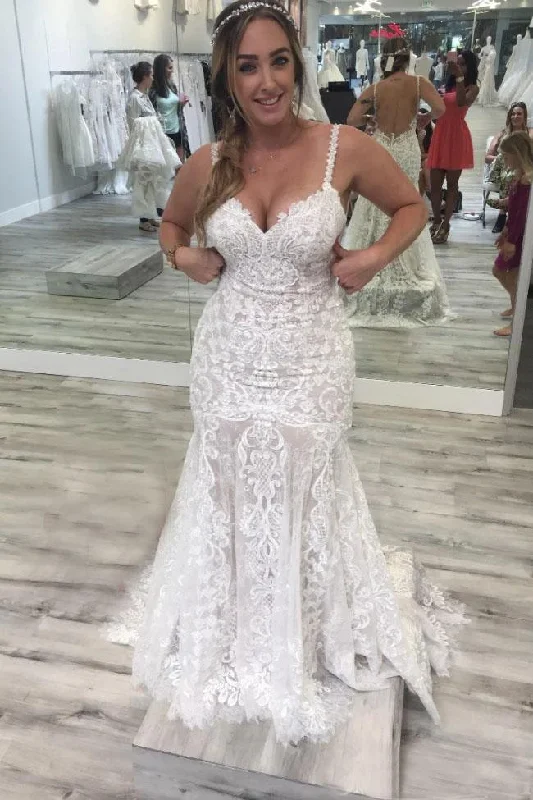 Sleeveless DressSpaghetti Straps Mermaid V-Neck Backless Lace Wedding Dresses with Train N2504