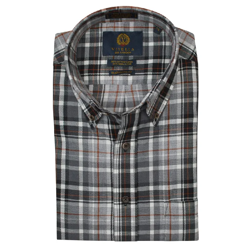 Men's Fishing Shirts for Water SportsHeather Grey, Black, and Rust Plaid Cotton and Wool Blend Button-Down Shirt by Viyella Men's Fishing Shirts for Water SportsHeather Grey, Black, and Rust Plaid Cotton and Wool Blend Button-Down Shirt by Viyella