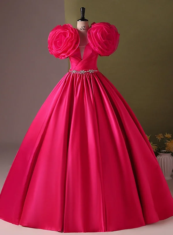 Pastel DressFuchsia Satin Flower Beading Quinceanera Dress
