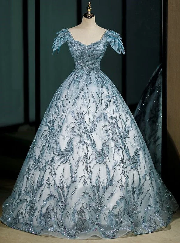 women's satin dressesBlue Tulle Sequins Square Quinceanera Dress