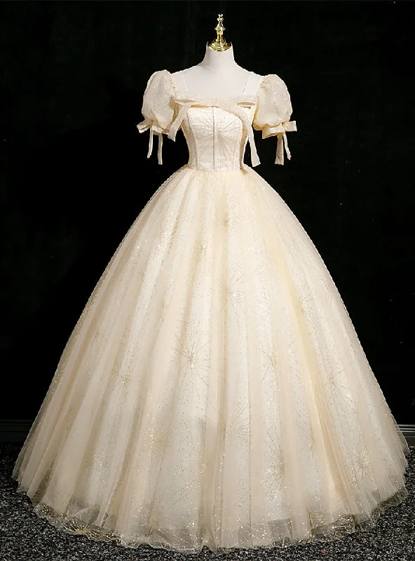 women's checkered dressesChampagne Tulle Sequins Puff Sleeve Quinceanera Dress