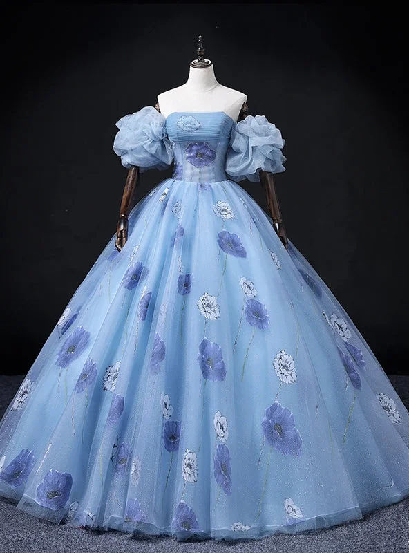 women's bow dressesBlue Tulle Strapless Print Quinceanera Dress