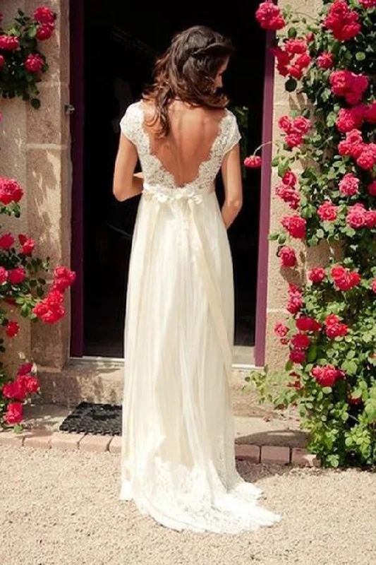 Pastel DressA Line V-neck Cap Sleeves Sweep Train Backless Wedding Dresses With Sash