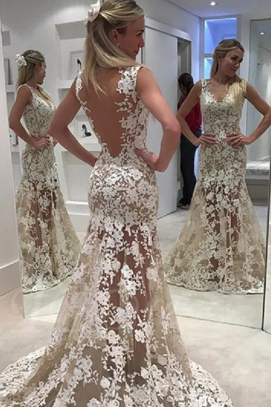 Mermaid DressIvory Sheer Back Jewel Neck Trumpet/Mermaid Lace Tulle Long Wedding Dress N548