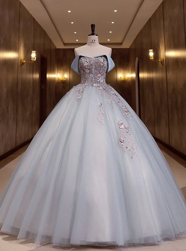 women's flutter-sleeved dressesBlue Tulle Strapless Embroidery Flower Quinceanera Dress
