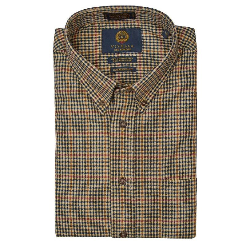 Men's Bamboo Fiber Shirts for Softness and BreathabilityTan and Navy Check Cotton and Wool Blend Button-Down Shirt (TAILORED FIT) by Viyella Men's Bamboo Fiber Shirts for Softness and BreathabilityTan and Navy Check Cotton and Wool Blend Button-Down Shirt (TAILORED FIT) by Viyella