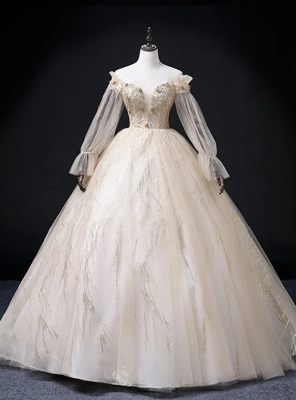 women's A-line dressesChampagne Tulle Sequins Beading Long Sleeve Quinceanera Dress