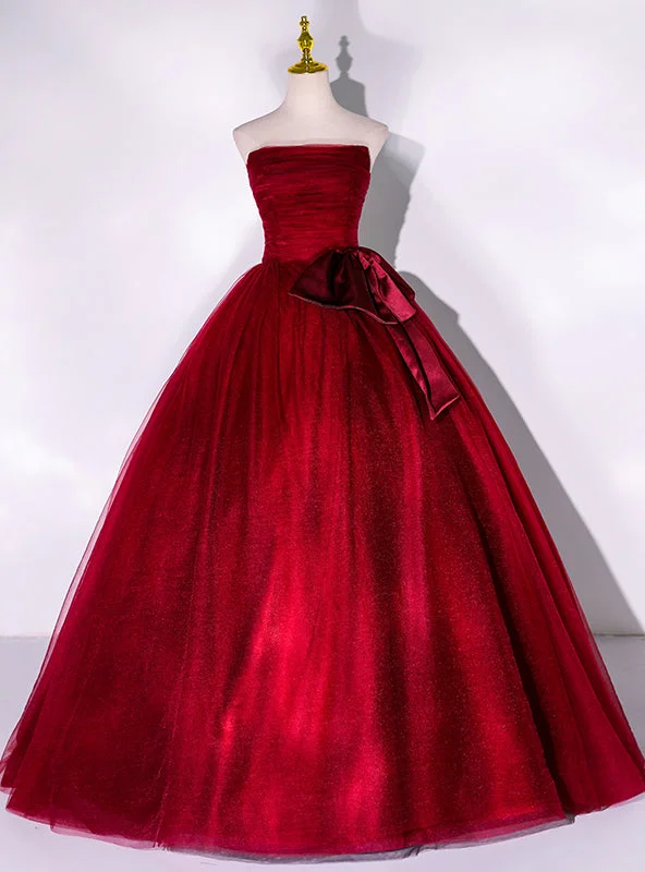 Zipper DressBurgundy Tulle Strapless Pleats Quinceanera Dress