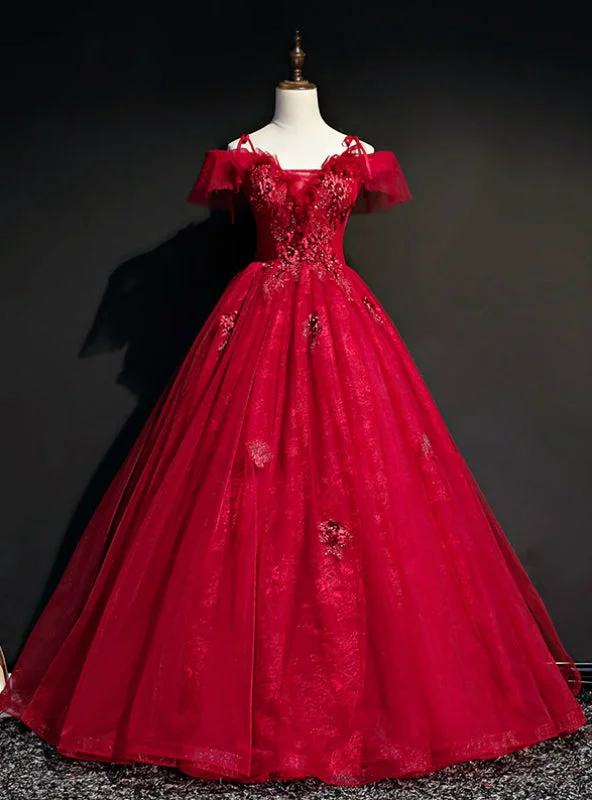 Crepe DressFor This Year Biggest Dance Dark Burgundy Ball Gown Tulle Spagehtti Straps Appliques Quinceanera Dress