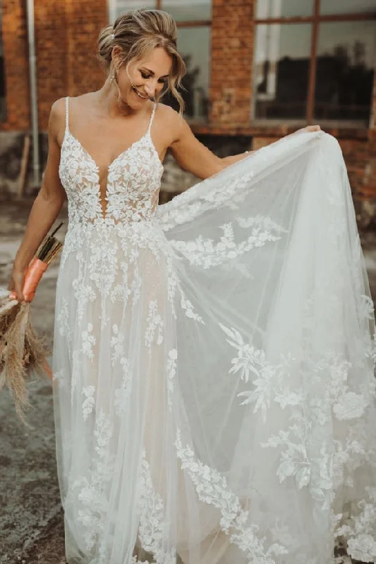 Plunging Neckline DressElegant A Line V Neck Tulle Lace Wedding Dresses N128