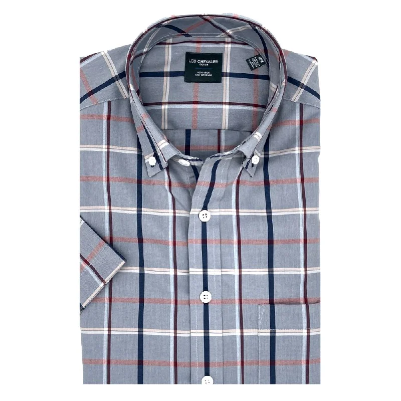 Men's Color-Blocking Shirts for a Statement LookGrey, Navy, and Red Plaid Short Sleeve No-Iron Cotton Sport Shirt with Button Down Collar by Leo Chevalier Men's Color-Blocking Shirts for a Statement LookGrey, Navy, and Red Plaid Short Sleeve No-Iron Cotton Sport Shirt with Button Down Collar by Leo Chevalier
