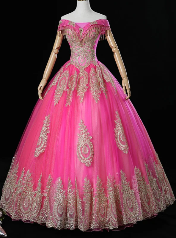 Bow-Tie DressGet Your Discounts Fuchsia Ball Gown Tulle Appliques Beading Off the Shoulder Quinceanera Dress