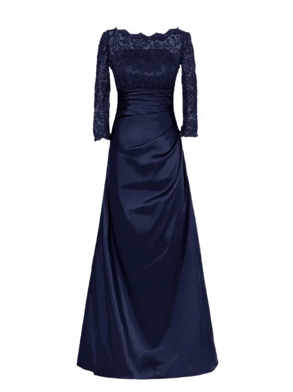Elegant DressDelicate Bateau Neckline Floor-Length A-Line Lace Mother of the Bride Dress with Long Sleeve
