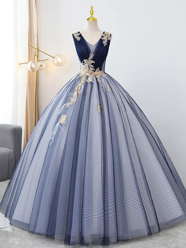 women's pear-shaped body dressesBlue Tulle V-neck Sequins Appliques Quinceanera Dress