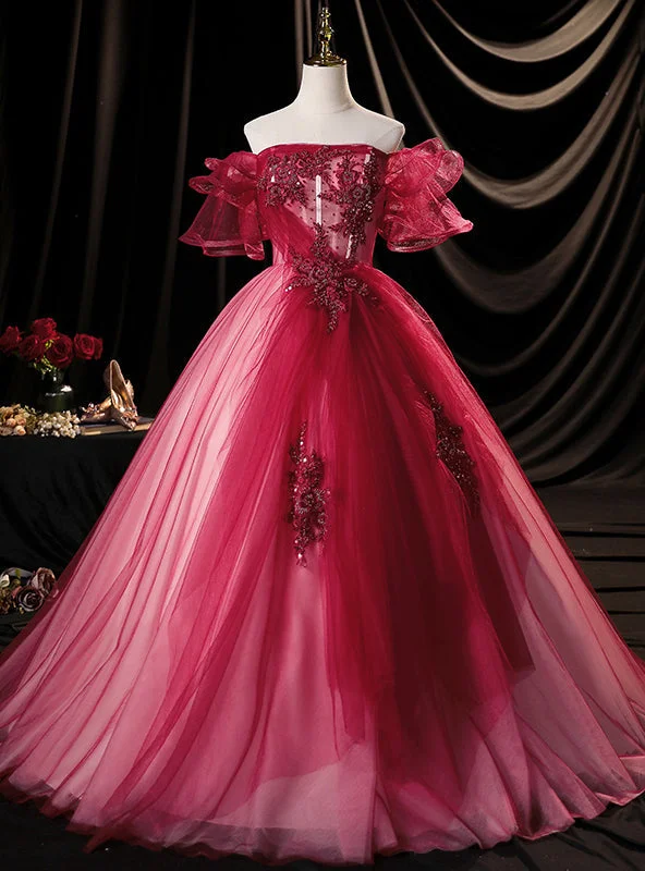 Shift DressBurgundy Tulle Off the Shoulder Appliques Beading Quinceanera Dress