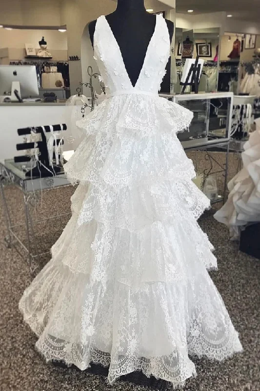 Statement DressA Line Deep V-Neck Sleeveless Layers Lace Wedding Dress N2652