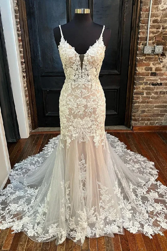 Long-Sleeve DressElegant Mermaid V Neck Lace Wedding Dresses with Appliques N118