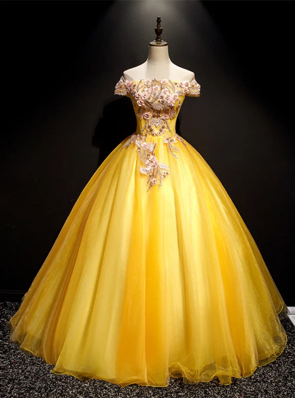 Glamour DressGold Tulle Off the Shoulder Appliques Quinceanera Dress