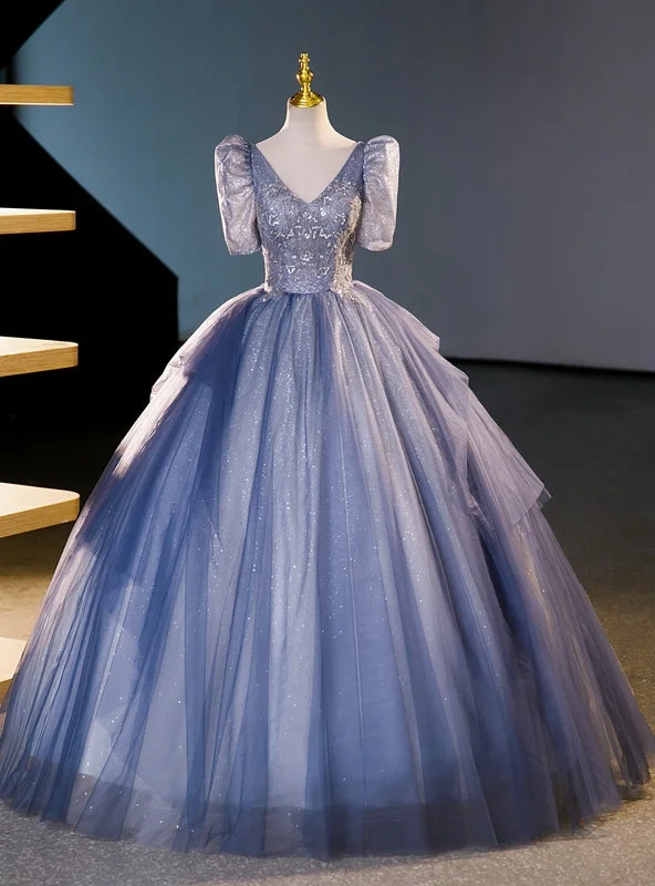 women's striped dressesBlue Tulle Sequins V-neck Short Sleeve Quinceanera Dress