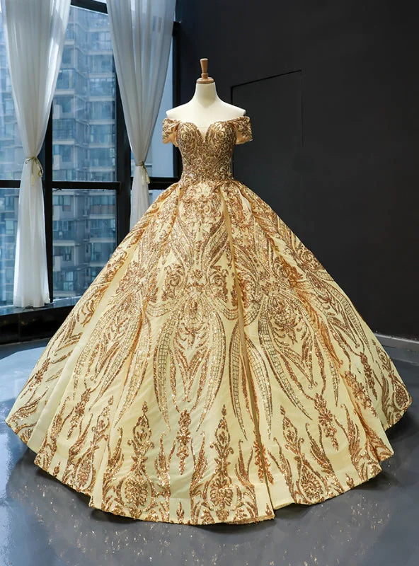Cut-Out DressGold Ball Gown Sequins Off the Shoulder Quinceanera Dresses