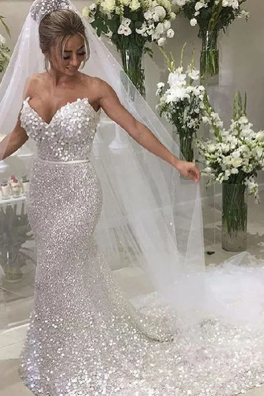 women's solid color dressesGorgeous Mermaid Sweetheart Chapel Train Silver Sequined Wedding Dresses N2501
