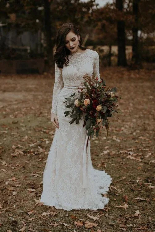 women's prom dressesVintage Long Sleeves Lace Wedding Dresses Backless Rustic Lace Wedding Dresses N2262