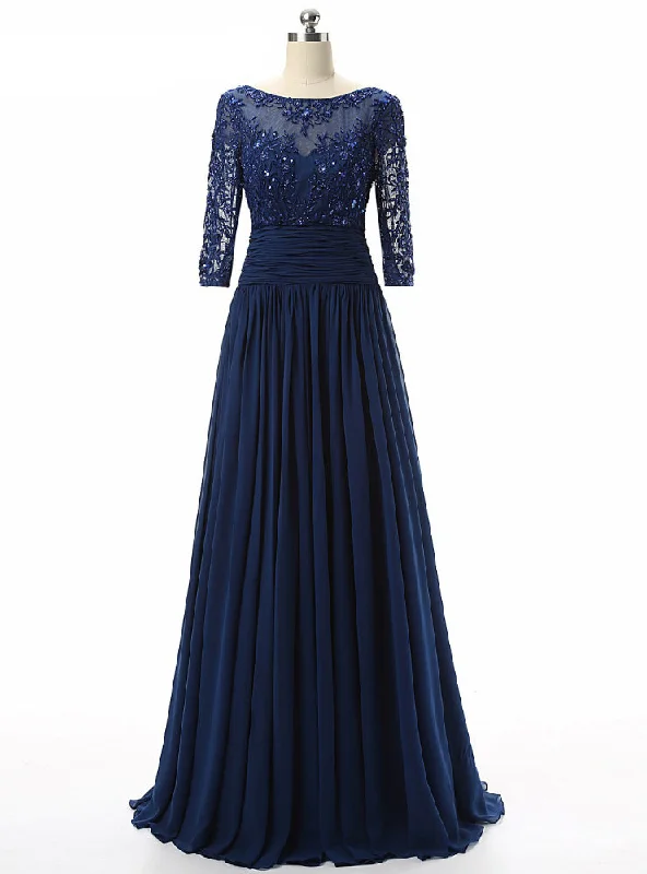 women's easy-to-wear dressesBlue Chiffon Scoop Neck Lace Short Sleeve Mother Of The Bride Dress