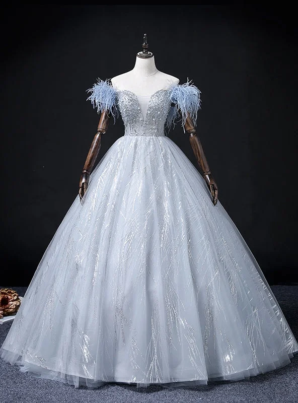 Custom DressBlue Tulle Sequins Beading Feather Quinceanera Dress