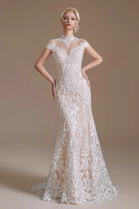A-Line DressElegant Cap Sleeves Lace Mermaid Long Beach Wedding Dresses